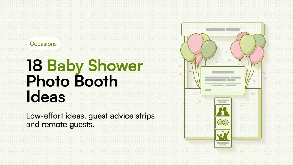 Illustration of a baby shower photo booth setup with guests