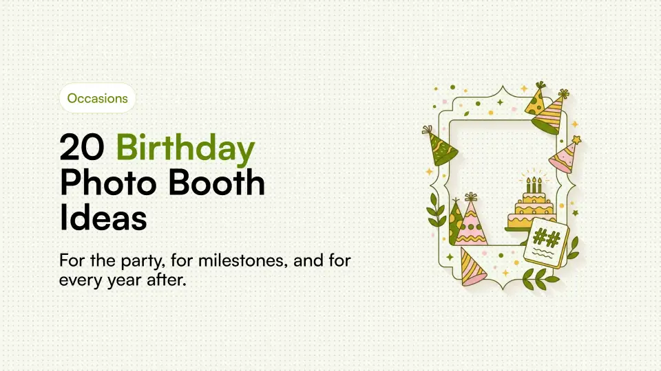 Illustration of a birthday photo booth with cake and confetti