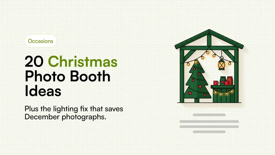 Illustration of a festive photo booth scene with tree lights