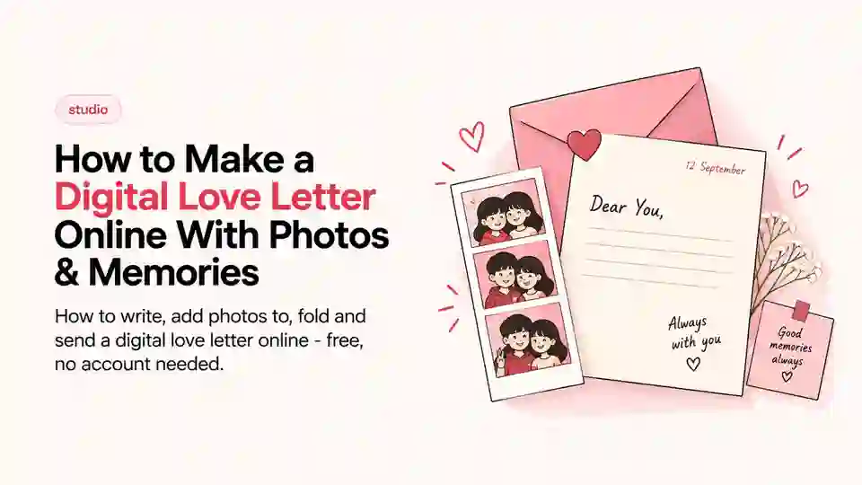 A handwritten digital letter with a photo strip, beside a kraft paper envelope