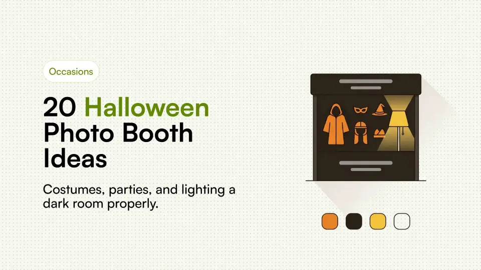 Illustration of a Halloween photo booth with costumes and dramatic lighting