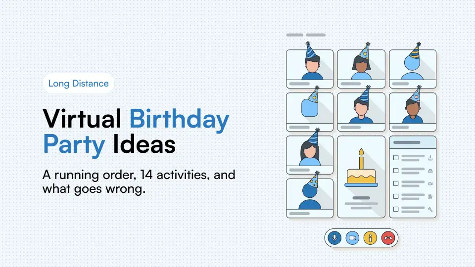 Illustration of a virtual birthday party on a video call grid