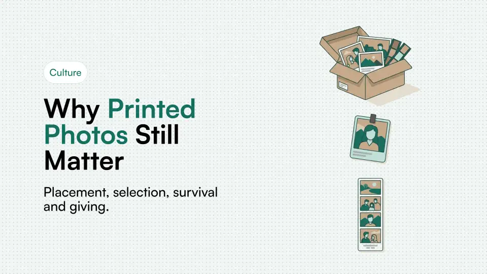 Illustration of printed photographs and photo strips on a surface