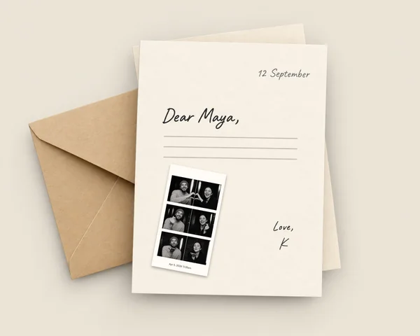 Handwritten photo letter preview with envelope and photo strip