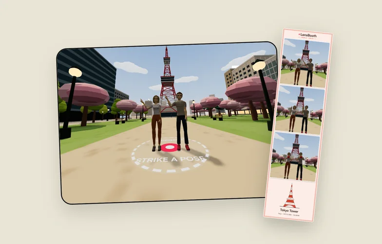 Two friends as 3D avatars waving in front of Tokyo Tower, beside the LensBooth photo strip they made together